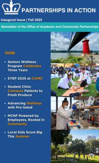 Newsletter cover ‘Partnerships in Action, Fall 2025’ with Columbia logo. Highlights wellness programs, SYEP 2025, student clinics, Pro-Salud, MCNF. Photos show the Little Red Lighthouse, students practicing CPR, a scientist in a lab, and children playing